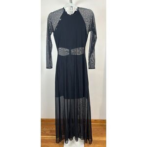 Vintage 90s Cache Formal Maxi Dress Rhinestone M Black Peekaboo Bandage Mesh